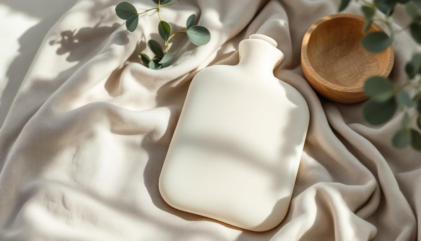 A cream natural-rubber hot water bottle on raw linen cloth with a sprig of eucalyptus and a wooden bowl beside it, soft daylight.