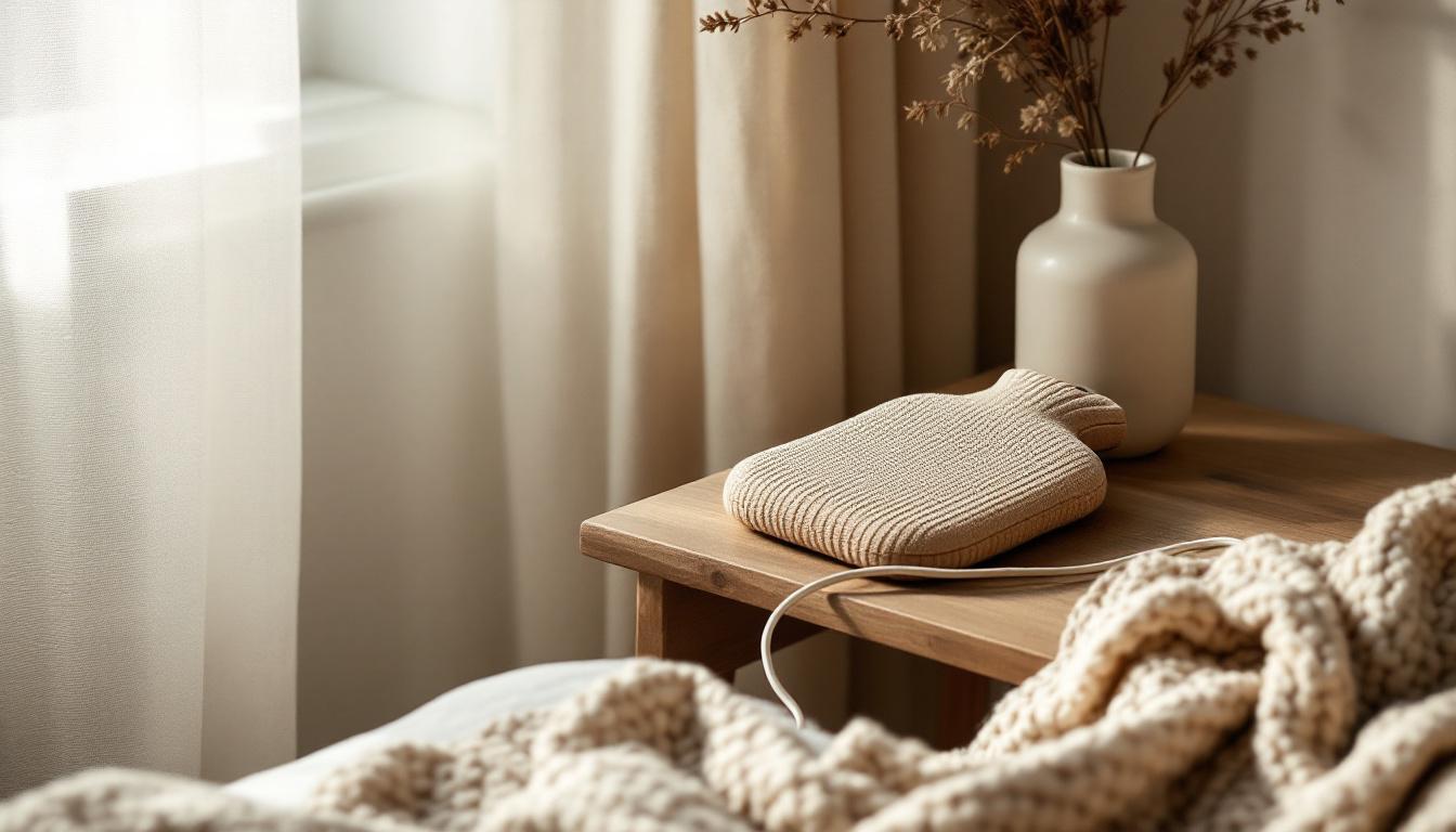 A small covered hot water bottle on a wooden bedside table with a cable coiled beside it, soft morning daylight.