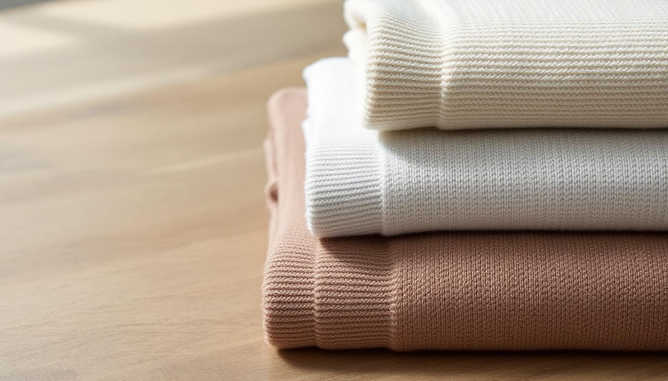 Three folded hot water bottle covers in different knit textures stacked on a wooden surface in soft side light.