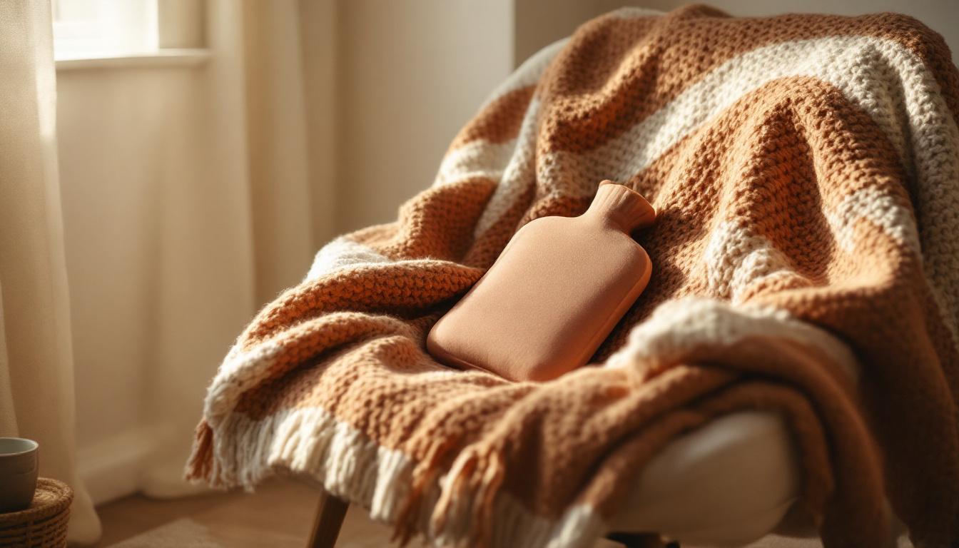 A small hot water bottle in a knit cover resting on a knit blanket draped across a low chair, with a ceramic mug at the edge, soft afternoon light.