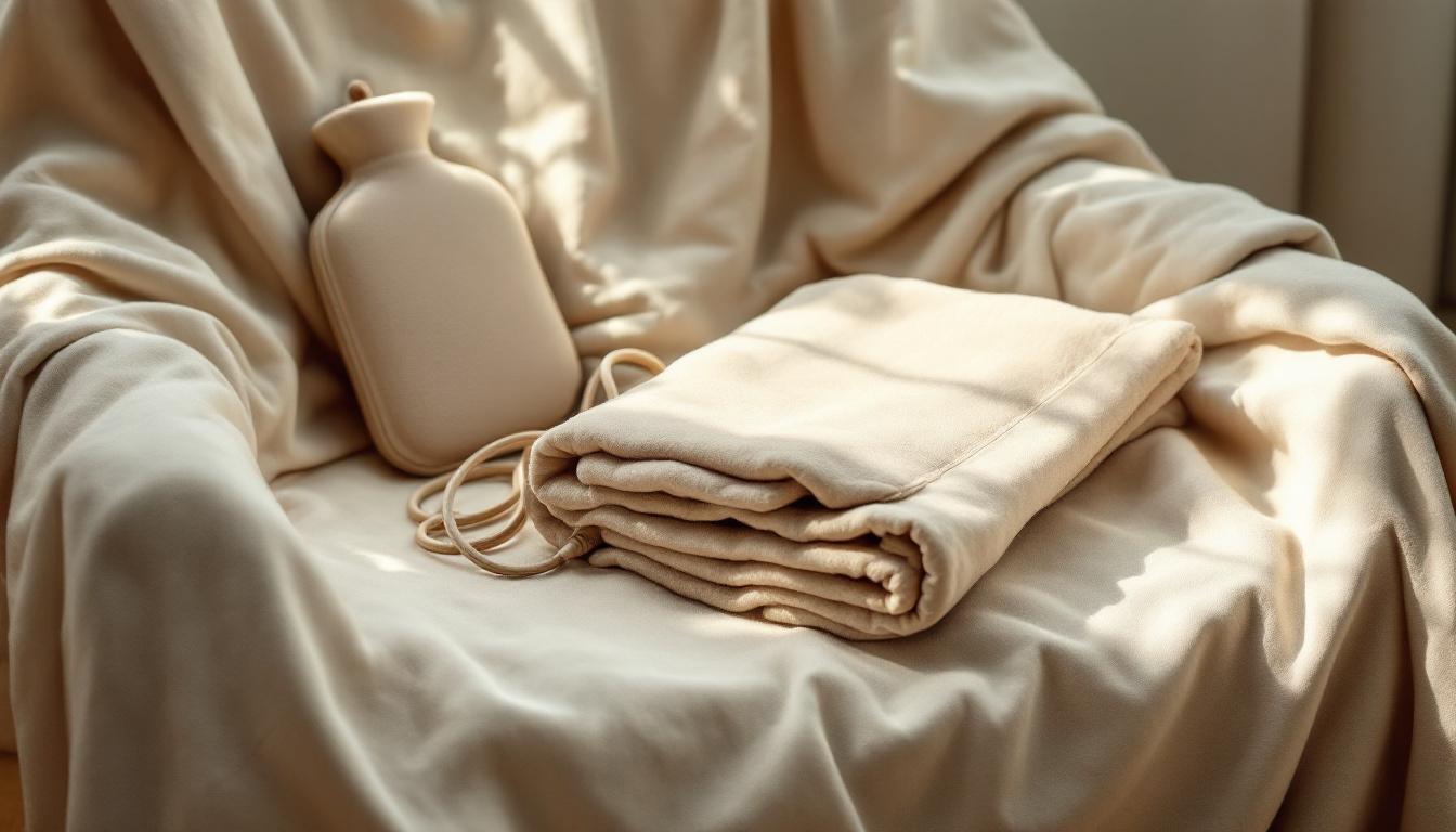 A covered hot water bottle next to a folded electric heating pad on a linen-covered chair in soft morning light.