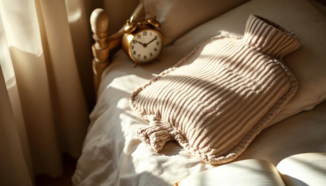 A knit-covered hot water bottle on a bed beside a small brass analog clock and an open book in soft afternoon light.