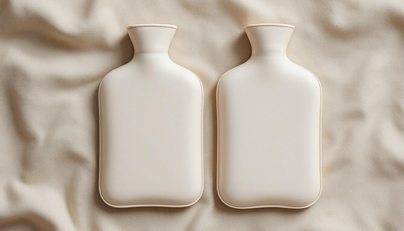 Two cream hot water bottles laid flat side by side on linen cloth in soft top-down daylight.