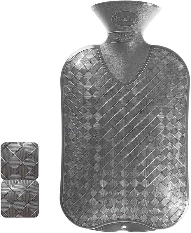Fashy 2-litre classic grey thermoplastic hot water bottle with the brand name embossed on the neck.