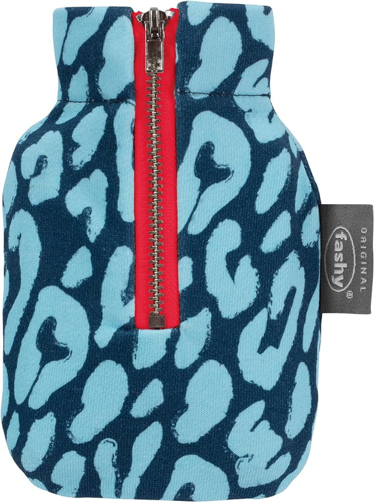 Fashy mini pocket hot water bottle in a blue and turquoise leopard-print knit cover with a red zip.