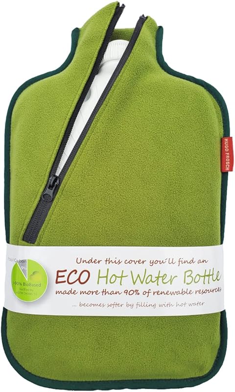 Hugo Frosch Eco hot water bottle in olive green fleece cover, labelled "ECO Hot Water Bottle made from more than 90% renewable resources".